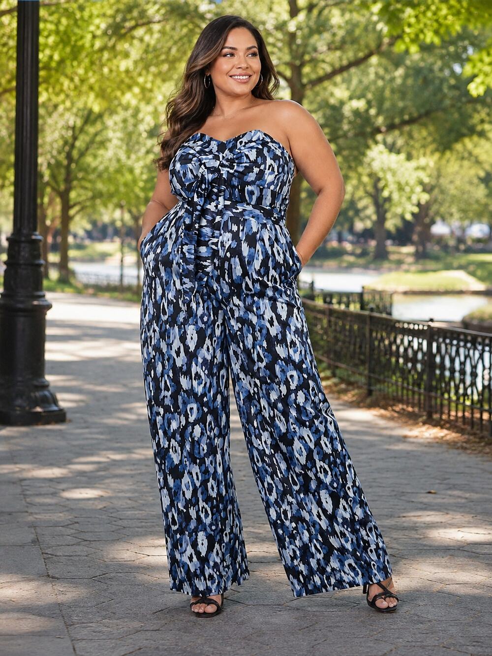 Nina Parker Convertible Wide Leg Jumpsuit Blue Leopard Halter Plus Size 22W NWT